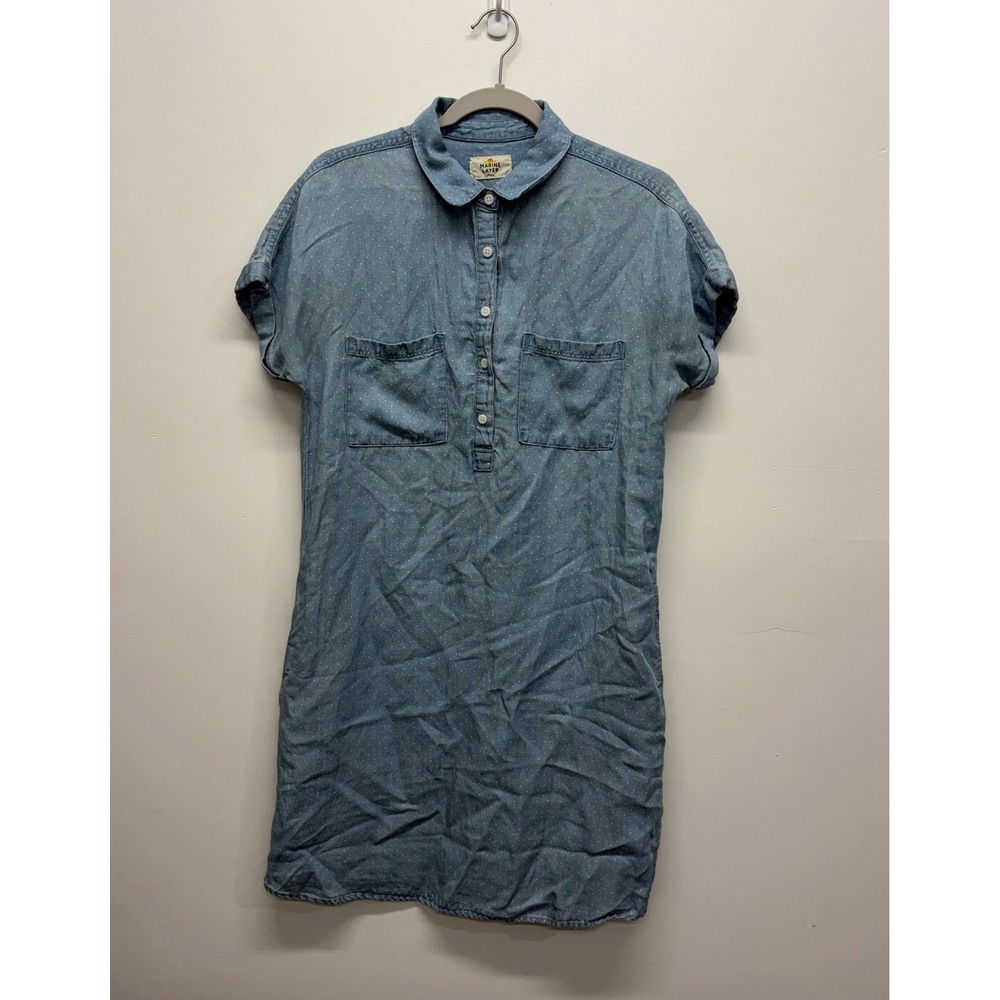 Marine Layer Chambray Denim Shirt Dress Blue Polka Dot Tencel Linen Blend Small - Picture 2 of 6